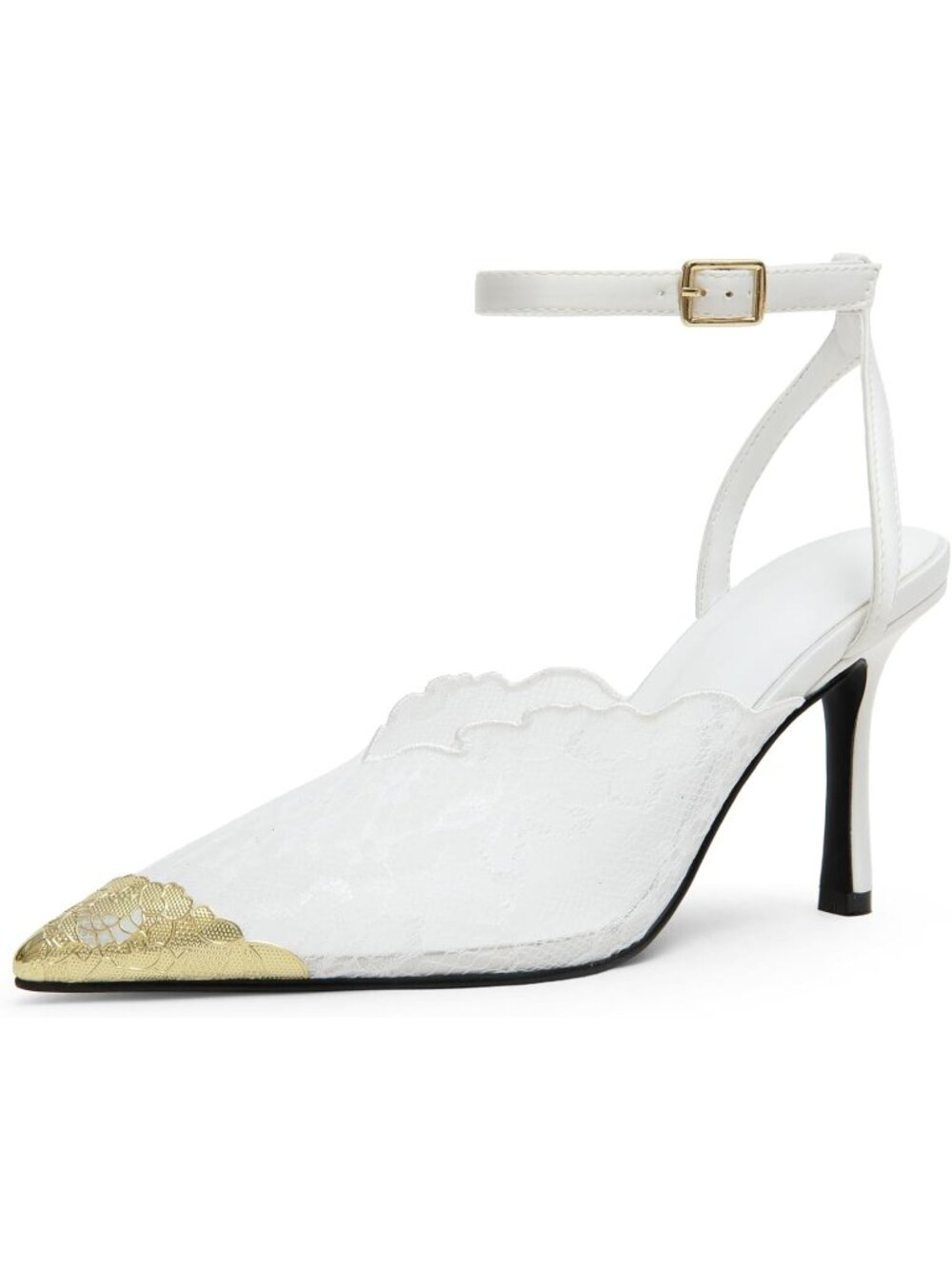 Women's White Wedding Lace Stiletto Pumps Gold Pointed Cap Toe Ankle Straps
